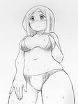  aikawa_chiho ass_visible_through_thighs bangs bikini blush breast_suppress breasts breasts_apart embarrassed eyebrows eyebrows_visible_through_hair from_below greyscale groin highres hirame_guard long_hair medium_breasts monochrome navel nose_blush parted_bangs sketch solo sweat swimsuit wavy_mouth yuyushiki 