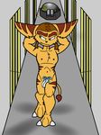  anthro brown_fur cells chest_tuft claws fur green_eyes hands_behind_head headgear how-did-we-get-here lombax machine male mammal mostly_nude prison ratchet ratchet_and_clank solo solo_focus stripes tail_tuft tuft turret video_games walking yellow_fur 