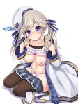  beret black_legwear blonde_hair blue_eyes blush boots bow bow_bra bow_panties bra bra_lift breasts coat collarbone commentary_request cucouroux_(granblue_fantasy) granblue_fantasy hair_ribbon hat knee_boots long_hair long_sleeves looking_at_viewer medium_breasts navel nipples ozu_yugurou panties pink_bra pink_panties revision ribbon shirt_lift skirt smile solo squatting thighhighs twintails underwear wavy_mouth 