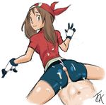  1boy 1girl ass bandanna blue_eyes brown_hair buttjob cum cum_on_ass haruka_(pokemon) looking_back penis pokemon rubbing smile solo_focus yuuki_(pokemon) 