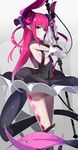  2016 aosora_kamiya argyle armpits artist_name bent_tail black_dress blue_eyes blush closed_mouth cowboy_shot curled_horns detached_sleeves dragon_tail dress elizabeth_bathory_(fate) elizabeth_bathory_(fate)_(all) fate/extra fate/extra_ccc fate_(series) from_side hair_ribbon highres holding holding_weapon long_hair looking_at_viewer looking_to_the_side pink_hair pointy_ears purple_ribbon revision ribbon sarkany_csont_landzsa sidelocks smile solo tail weapon 