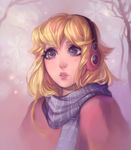  1girl artist_name bangs blonde_hair blue_eyes blue_scarf earmuffs eyelashes highres lips long_hair mario_(series) matilda_vin nose parted_lips princess_peach scarf snowflakes solo upper_body 