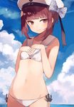  anchor beret bikini blush bow brown_eyes brown_hair clothes_writing cloud cloudy_sky commentary day flat_chest hands_on_own_chest hat hat_bow kantai_collection lens_flare looking_at_viewer navel sailor_bikini sailor_collar short_hair short_hair_with_long_locks shugao side-tie_bikini sky smile solo swimsuit white_bikini z3_max_schultz_(kantai_collection) 