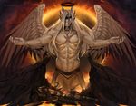  2016 abs amazing ambiguous_gender angel black_feathers blindfold clothed clothing deity demon english_text equine feathered_wings feathers hair halo honovy horse hybrid lava long_hair macro mammal melee_weapon navel scar signature size_difference smoke sword text topless weapon white_feathers white_hair wings 