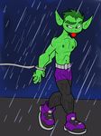  2016 ball_gag bdsm beast_boy bondage bound clothed clothing gag gagged green_eyes handcuffs how-did-we-get-here humanoid male not_furry raining shackles solo solo_focus teen_titans topless unseen_character wet 
