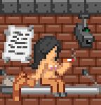  animated bed black_hair breasts brick camera clothing digital_media_(artwork) hair human jumpsuit mammal paper pixel_(artwork) prison smoking starbound travelling_merchant video_games 