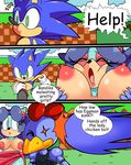  adventures_of_sonic_the_hedgehog areola big_breasts black_nose blue_eyes blue_fur blue_hair breast_grab breasts breezie_the_hedgehog clothed clothing cloudz comic dialogue dreamcastzx1 english_text eyes_closed female fur gloves green_eyes hair hand_on_breast hedgehog machine male mammal nipples outside partially_clothed robot scratch_(character) sonic_(series) sonic_the_hedgehog speech_bubble text white_gloves 