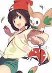  armpit_peek bag bangs beanie between_breasts bird black_hair blue_eyes breasts feathers floral_print gen_7_pokemon green_shorts handbag hat holding holding_poke_ball kinta_(distortion) looking_at_viewer mizuki_(pokemon) open_mouth owl poke_ball pokemon pokemon_(creature) pokemon_(game) pokemon_sm red_hat rowlet shirt short_hair short_shorts short_sleeves shorts strap_cleavage swept_bangs t-shirt tied_shirt white_background wide_sleeves z-ring 