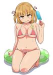  bangs belly bikini breasts brown_eyes brown_hair collarbone food frilled_bikini frills hair_tie highres large_breasts marui_mitsuba mitsudomoe older panimiiru pink_bikini plump popsicle quad_tails smile solo squatting sweat swimsuit thick_thighs thighs tongue 