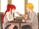  1girl bendy_straw black_legwear blonde_hair blue_shorts blush chuu closed_eyes coaster denim denim_shorts dessert drinking_straw feeding food green_eyes jaune_arc open_mouth ponytail pyrrha_nikos red_hair rwby shirt shorts striped striped_shirt table thighhighs thighs 