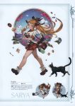  1girl absurdres animal bag blonde_hair blue_sky bow bowtie breasts candy cat cloud doughnut draph flower food full_body glasses granblue_fantasy green_eyes hair_ornament highres holding horn ice_cream large_breasts long_hair looking_at_viewer map minaba_hideo official_art parted_lips pleated_skirt pointy_ears ponytail pudding sarya_(granblue_fantasy) scan shirt shoes short_sleeves skirt sky smile spoon 