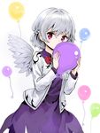  ama-tou balloon blush_stickers bow bowtie braid commentary dress eyelashes fingernails french_braid holding holding_balloon jacket jpeg_artifacts kishin_sagume long_sleeves looking_at_viewer purple_eyes short_hair silver_hair simple_background single_wing solo string touhou white_background wings 