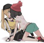  baseball_cap beanie black_hair blonde_hair blush cellphone choker cropped_jacket female_protagonist_(pokemon_go) fingerless_gloves floral_print gloves green_eyes hat implied_kiss leggings long_hair mizuki_(pokemon) multiple_girls phone pokemon pokemon_(game) pokemon_go pokemon_sm ponytail red_hat shiroshi_(denpa_eshidan) shirt shoes short_hair short_shorts short_sleeves shorts simple_background sitting smartphone sneakers surprised t-shirt tied_shirt white_background yuri 