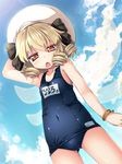  black_ribbon blonde_hair blue_sky blush bracelet chestnut_mouth chima_q cloud cloudy_sky covered_navel day drill_hair fairy_wings hat hat_ribbon highres jewelry long_hair luna_child name_tag old_school_swimsuit one-piece_swimsuit outdoors red_eyes ribbon school_swimsuit sky solo standing swimsuit touhou white_hat wings 
