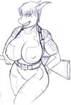  anthro big_breasts breasts clothed clothing dragon female gun huge_breasts kraken_(artist) looking_at_viewer monochrome nipple_bulge ranged_weapon rifle sketch solo weapon 