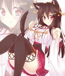  animal_ears bare_shoulders black_hair blush boots breasts convenient_leg detached_sleeves hair_ornament hairband hairclip haruna_(kantai_collection) headgear japanese_clothes kantai_collection kemonomimi_mode large_breasts leash long_hair nontraditional_miko red_eyes ribbon-trimmed_sleeves ribbon_trim sakurapochi solo tail thigh_boots thighhighs zoom_layer 