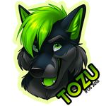  2016 alpha_channel anthro black_fur black_lips black_nose canine digital_media_(artwork) eyebrows fangs fox fur green_eyes green_fur green_hair green_tongue grey_fur hair ifus inner_ear_fluff lips male mammal multicolored_fur name_badge signature simple_background solo tozu transparent_background 