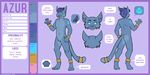  2016 4_fingers 4_toes anklet anthro armpit_hair azur blue_eyes blue_fur blue_hair blue_markings blue_nose blue_pawpads blue_sclera blue_tail bracelet cat cheek_tuft color_swatch digital_media_(artwork) digitigrade dotted_background english_text eyebrows featureless_crotch feline fur glowing glowing_eyes gold_(metal) hair inner_ear_fluff jewelry long_tail looking_at_viewer male mammal markings model_sheet multiple_angles naturally_censored no_pupils nowandlater nude open_mouth pattern_background pawpads pawprint pointy_ears signature simple_background smile solo standing tail_ring text toes tuft waving 