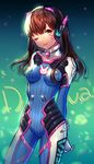  animal_print arms_behind_back ass_visible_through_thighs backlighting bangs blue_background bodysuit breasts brown_hair bunny_print character_name clothes_writing cowboy_shot d.va_(overwatch) facepaint facial_mark fuji_minako glint gradient gradient_background green_background headphones high_collar highres light_particles long_hair looking_at_viewer medium_breasts one_eye_closed overwatch parted_lips pilot_suit ribbed_bodysuit shiny shiny_clothes shoulder_pads skin_tight smile solo swept_bangs whisker_markings 