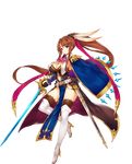  belt boots breasts brown_hair cape cleavage cleavage_cutout elbow_gloves feathers full_body gem gloves high_heels highres holding holding_weapon inayama ingrid_(sennen_sensou_aigis) large_breasts long_hair long_ribbon navel navel_cutout official_art ponytail purple_eyes sennen_sensou_aigis sheath solo sword thigh_boots thighhighs transparent_background weapon white_footwear white_legwear 