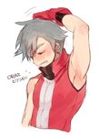  arm_up armpits bird_keeper_(pokemon) blush clenched_teeth closed_eyes gloves high_collar imoden male_focus npc_trainer pokemon pokemon_(game) pokemon_oras red_gloves shirt silver_hair simple_background sleeveless sleeveless_shirt solo teeth upper_body white_background 