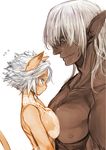  1boy 1girl animal_ears back blue_eyes breast_squeeze doraeshi elvaan final_fantasy final_fantasy_xi mithra pointy_ears profile short_hair simple_background size_difference tail white_background white_hair 