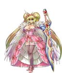  big_hair blonde_hair blue_eyes breasts cleavage crown dress full_body hand_on_hip high_heels highres hisahiko holding huge_weapon jewelry large_breasts legs long_hair looking_at_viewer pink_dress sennen_sensou_aigis skindentation smile solo sword themis_(sennen_sensou_aigis) thighhighs thighs transparent_background twintails very_long_hair weapon zettai_ryouiki 