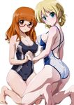  alternate_costume ass bare_arms bare_legs bare_shoulders blonde_hair blue_eyes braid breasts cleavage collarbone competition_swimsuit covered_nipples darjeeling denji_saboten eyebrows eyebrows_visible_through_hair from_behind girls_und_panzer glasses holding_hands impossible_clothes kneeling knees_together_feet_apart long_hair looking_at_viewer medium_breasts multiple_girls one-piece_swimsuit orange_eyes orange_hair semi-rimless_eyewear shiny shiny_clothes shiny_skin short_hair sideboob skindentation soles swimsuit takebe_saori taut_clothes taut_swimsuit thighs toes twin_braids 