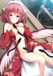  animal_between_breasts animal_ears between_breasts bird_wings blush breasts bucket ebi_193 eel head_scarf highres japanese_clothes kimono looking_at_viewer lying mystia_lorelei naked_kimono navel no_bra no_panties okamisty on_back open_clothes open_kimono red_eyes red_hair solo touhou wet wings 