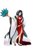  1girl bare_shoulders black_hair breasts character_request china_dress chinese_clothes cleavage detached_collar dress feather feet folding_fan full_body highres holding large_breasts legs long_hair looking_at_viewer red_dress red_eyes sandals sennen_sensou_aigis serious simple_background solo standing thighs transparent_background very_long_hair white_background wide_sleeves 