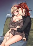  1girl abe_inori blonde_hair blush bottomless breasts brown_eyes cleavage closed_eyes djeeta_(granblue_fantasy) dress_shirt granblue_fantasy heavy_breathing hug hug_from_behind large_breasts off_shoulder open_mouth percival_(granblue_fantasy) red_hair shirt short_hair sitting sitting_on_person 