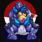  2016 abdominal_bulge anal anal_penetration big_penis buckwulf_(artist) cum cum_inflation cum_inside inflation knot large_penetration lucario machoke male male/male mammal nintendo on_top penetration penis pok&eacute;mon reverse_cowgirl_position sex size_difference video_games 