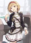  alternate_costume belt blonde_hair blush brown_eyes commentary_request djeeta_(granblue_fantasy) granblue_fantasy hairband highres jacket open_mouth pleated_skirt short_hair skirt smile solo standing yoshino_ryou 