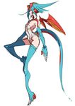  blue_eyes blue_gloves blue_hair blue_legwear breasts claws cleavage dragon_girl dragon_horns dragon_tail dragon_wings elbow_gloves full_body garter_straps gen_3_pokemon gloves horns kz_609 leotard open_mouth personification pokemon red_wings salamence short_hair simple_background small_breasts solo tail thighhighs white_background wings 