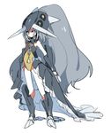  bare_shoulders bastiodon big_hair closed_mouth frown full_body gen_4_pokemon grey_hair high_ponytail kz_609 leotard long_hair no_nose personification pokemon showgirl_skirt simple_background solo spikes standing very_long_hair white_background yellow_eyes 