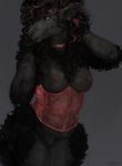  2016 absurd_res anthro areola black_fur black_hair breasts caprine clothed clothing ear_piercing female fur grey_background hair hi_res long_hair looking_at_viewer mammal nipples oouna panties piercing pink_nipples sheep simple_background skimpy smile solo translucent transparent_clothing underwear wide_hips 