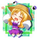  1girl :d ^_^ blonde_hair blush chibi closed_eyes commentary_request full_body hair_ribbon hat long_hair long_sleeves moriya_suwako open_mouth outstretched_arms purple_skirt purple_vest red_ribbon ribbon shinyafuru sidelocks skirt skirt_set sleeves_past_wrists smile solo spread_arms touhou tress_ribbon vest white_legwear wide_sleeves 