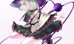  :d ankle_boots blouse boots brown_footwear eyebrows eyebrows_visible_through_hair floral_print frilled_shirt_collar frilled_skirt frilled_sleeves frills green_eyes green_hair green_skirt grin hat komeiji_koishi legs_up long_sleeves midair ookamisama open_mouth outstretched_arm shirt short_hair sideways_mouth simple_background skirt skirt_set smile solo string third_eye touhou wide_sleeves 