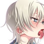  anastasia_(idolmaster) blue_eyes blush earrings idolmaster idolmaster_cinderella_girls jewelry licking open_mouth sakuya_tsuitachi saliva sexually_suggestive short_hair silver_hair solo tongue tongue_out 