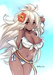  abe_inori arm_up bikini blonde_hair breasts cleavage dark_skin flower granblue_fantasy hair_flower hair_ornament hibiscus large_breasts long_hair looking_at_viewer navel red_eyes solo swimsuit twitter_username zooey_(granblue_fantasy) 