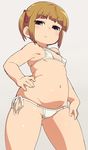  belly bikini brown_hair cowboy_shot fat_folds flat_chest hand_on_hip hand_on_thigh highres looking_at_viewer marui_mitsuba micro_bikini midriff mitsudomoe navel om_(nk2007) plump short_hair side-tie_bikini side_ponytail sidelocks skindentation solo swimsuit thick_thighs thighs white_bikini 