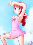  1girl aino_megumi arm_up armpits blush hair_down happinesscharge_precure! long_hair looking_at_viewer one-piece_swimsuit posing precure ruriruri smile swimsuit 