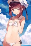  anchor ass_visible_through_thighs bare_arms beret bikini blush bow breast_suppress brown_eyes brown_hair character_name closed_mouth clothes_writing cloud cloudy_sky collarbone cowboy_shot day eyebrows eyebrows_visible_through_hair eyelashes flat_chest hands_on_own_chest hat hat_bow horizon kantai_collection lens_flare looking_at_viewer looking_to_the_side navel ocean outdoors sailor_bikini sailor_collar short_hair short_hair_with_long_locks shugao side-tie_bikini sidelocks sky smile smiley_face solo stomach string_bikini striped striped_bow swimsuit white_bikini z3_max_schultz_(kantai_collection) 