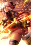  ass black_bow black_legwear black_panties black_shirt bow breasts center_opening covered_nipples dark_skin drifters fate_(series) fire flower_knot from_side gold_trim hair_between_eyes hair_bow hair_ornament highres holding holding_sword holding_weapon katana koha-ace large_breasts long_hair looking_at_viewer looking_back mia_(gute-nacht-07) okita_souji_(alter)_(fate) okita_souji_(fate)_(all) panties parted_lips red_skirt shirt shrug_(clothing) skirt solo sword tassel thighhighs underwear very_long_hair weapon white_hair yellow_eyes 