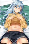  absurdres alternate_costume bed_sheet black_legwear blue_eyes clothes_lift cowboy_shot hibiki_(kantai_collection) highres kantai_collection lips long_hair looking_to_the_side lying miniskirt navel on_back parted_lips pleated_skirt ribbed_sweater shirt_lift shokora_momiji silver_hair skirt solo stomach sweater sweater_lift thighhighs thighs turtleneck turtleneck_sweater 