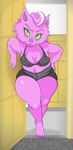  almonds_(artist) anthro barefoot bojack_horseman bra breasts cat cleavage clothed clothing feline female fur green_eyes mammal pink_fur princess_carolyn slightly_chubby solo thick_thighs underwear 