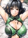  1girl :&gt; amania_orz arm_up armpits bare_shoulders black_hair blush breasts cleavage hair_ornament katia_grineal large_breasts short_hair smile solo super_robot_wars super_robot_wars_judgement super_robot_wars_og_moon_dwellers super_robot_wars_original_generation yellow_eyes 