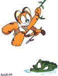  2016 alligator anthro clothed clothing crocodilian cute feline female flat_chested jungle jurassiczalar kiki_(jurassiczalar) mammal melee_weapon polearm reptile scalie spear swinging tiger toony tribal vines weapon whiskers 