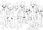  &gt;_&lt; 5girls alien_alien_(vocaloid) andromeda_andromeda_(vocaloid) andromedako andromedao antennae arm_up bangs blunt_bangs bob_cut cardigan claw_pose clenched_hand closed_eyes coat coke-bottle_glasses facing_away glasses greyscale hair_over_one_eye highres hikou_shoujo_(vocaloid) how_to_warp_(vocaloid) jitome kneehighs mitsuki_sanagi monochrome multiple_boys multiple_girls nayutan_sei_kara_no_buttai perfect_seimei_(vocaloid) pleated_skirt rocket_cider_(vocaloid) school_uniform short_hair short_sleeves skirt smile songover star stratostella_(vocaloid) 