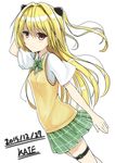  2015 absurdres artist_name blonde_hair bow bowtie dated eyebrows eyebrows_visible_through_hair green_bow green_skirt hair_between_eyes hair_ornament hand_in_hair highres kaie konjiki_no_yami long_hair pleated_skirt red_eyes school_uniform simple_background skirt solo sweater_vest to_love-ru to_love-ru_darkness white_background 